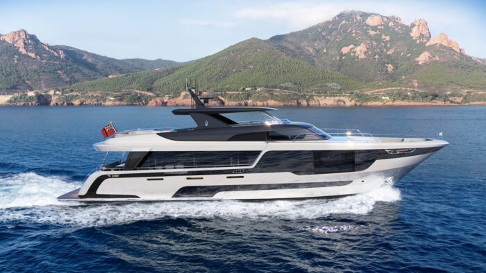 Profile view of Project Berlin, a 30-metre custom aluminium raised pilothouse yacht with a semi-displacement hull by Diana Yacht Design.