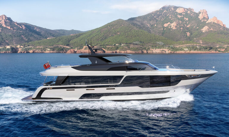 Profile view of Project Berlin, a 30-metre custom aluminium raised pilothouse yacht with a semi-displacement hull by Diana Yacht Design.