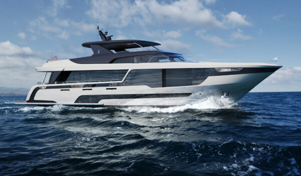 Dynamic exterior view of Project Berlin showing the semi-displacement hull and raised pilothouse layout.