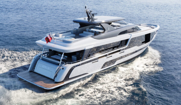 Aft aerial view of Project Berlin highlighting the raised pilothouse layout and deck arrangement.