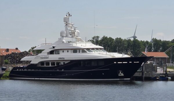 Awatea - June 2026 at Balk shipyard with new dark blue hull color after refit