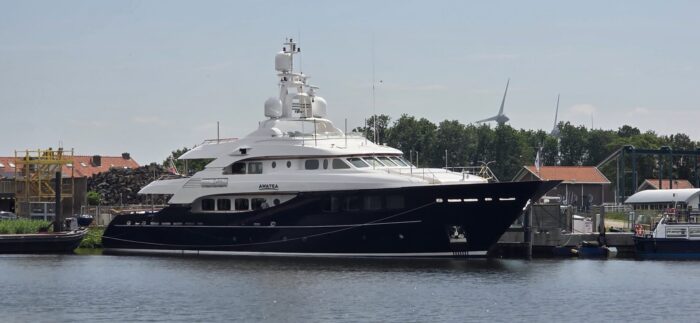 Awatea - June 2026 at Balk shipyard with new dark blue hull color after refit
