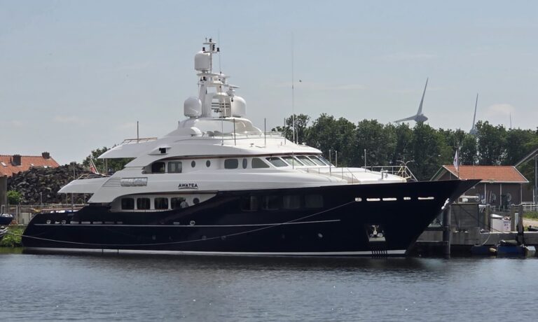 Awatea - June 2026 at Balk shipyard with new dark blue hull color after refit